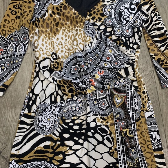 Muse For Boston Proper Dress Sz 12 Leopard Geometric Mix Print Faux Wrap 3/4 Sl - Picture 3 of 12